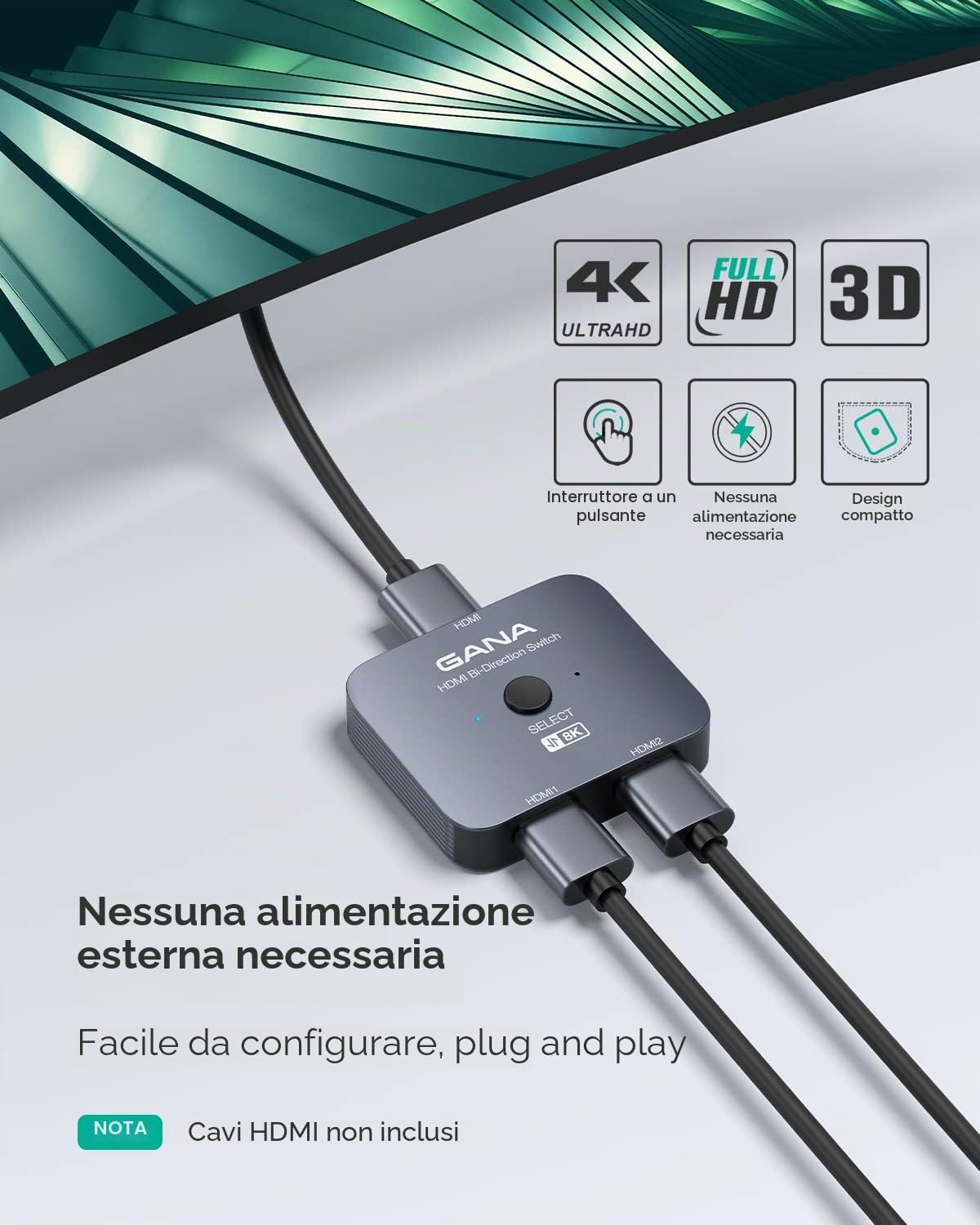 GANA Sdoppiatore HDMI Switch hdmi 8K@60Hz, 4K@144Hz (2 Ingresso a 1 Uscita o 1 in a 2 out) Splitter Compatibile con Mac, BLU-Ray DVD, PS5/4/3, Xbox 360, Fire Stick, Chromecast, TV, Gray