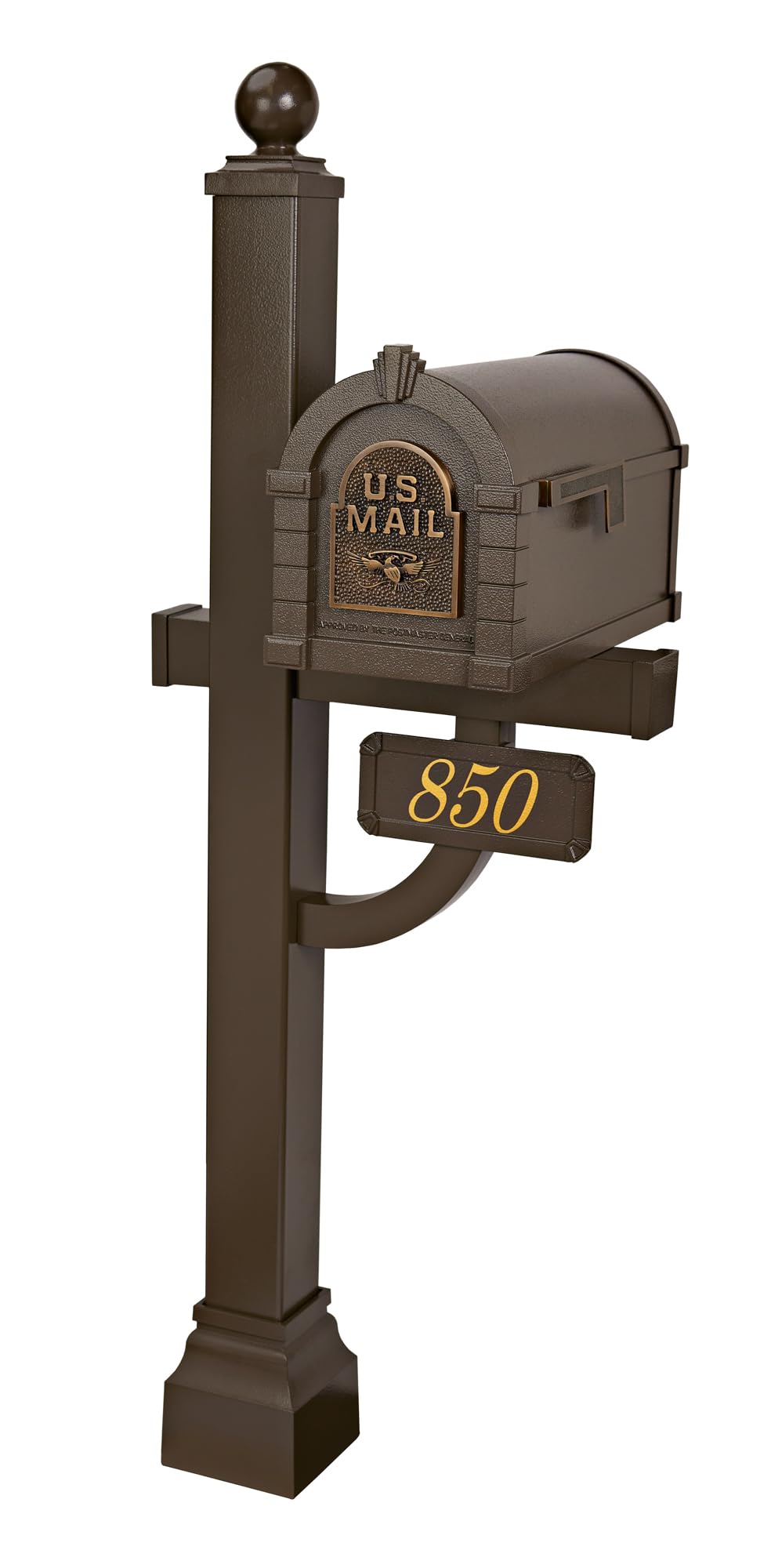 Gaines - Keystone Deluxe Post and Mailbox Package with Personalized Address Plaque and Decorative Cuff (Bronze with Antique Bronze Eagle)