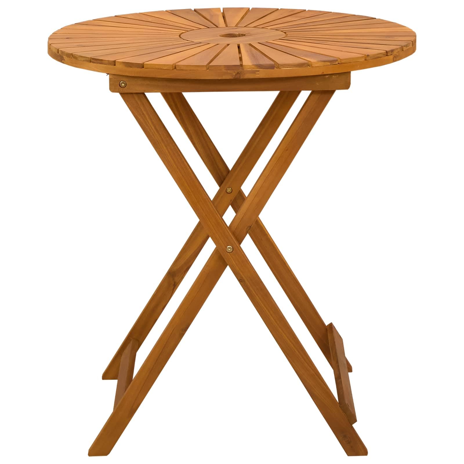 Tavolo da giardino pieghevole in legno di acacia massiccio naturale, rotondo, 70 x 75 cm, oliato, resistente alle intemperie, con foro per ombrellone e piano drenante dell'acqua, per