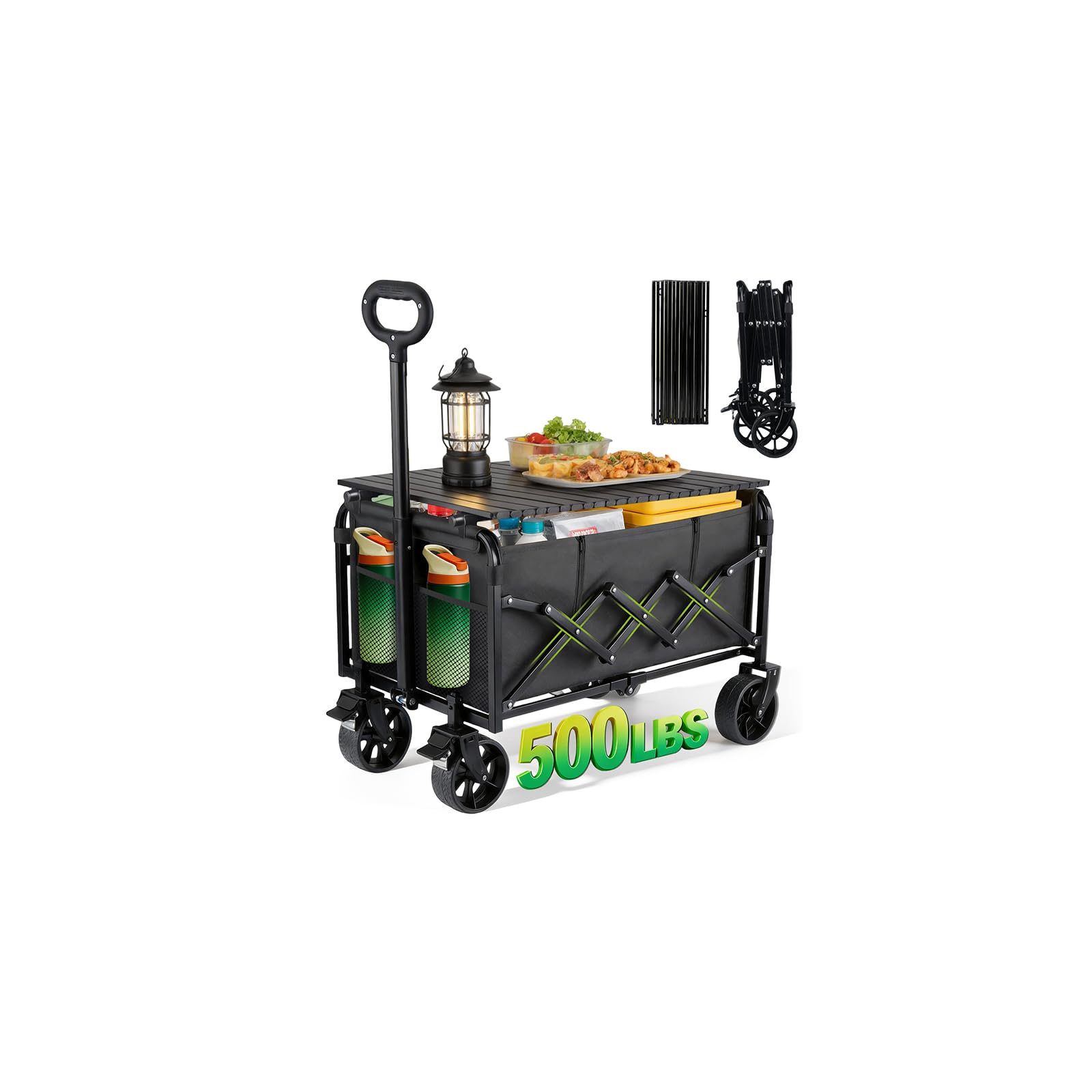 200L Festival Trolley on Wheels & Table - Large Folding Portable Wagon Cart with Breaks, Collapsible Shopping Trolley Carts with 360° Swivel Wheels for Camping Shopping Garden & Fish