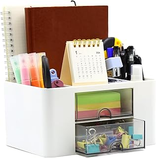 Organizador de secretária com 5 compartimentos, porta-lápis de secretária com gaveta, organizador de mesa multifuncional...