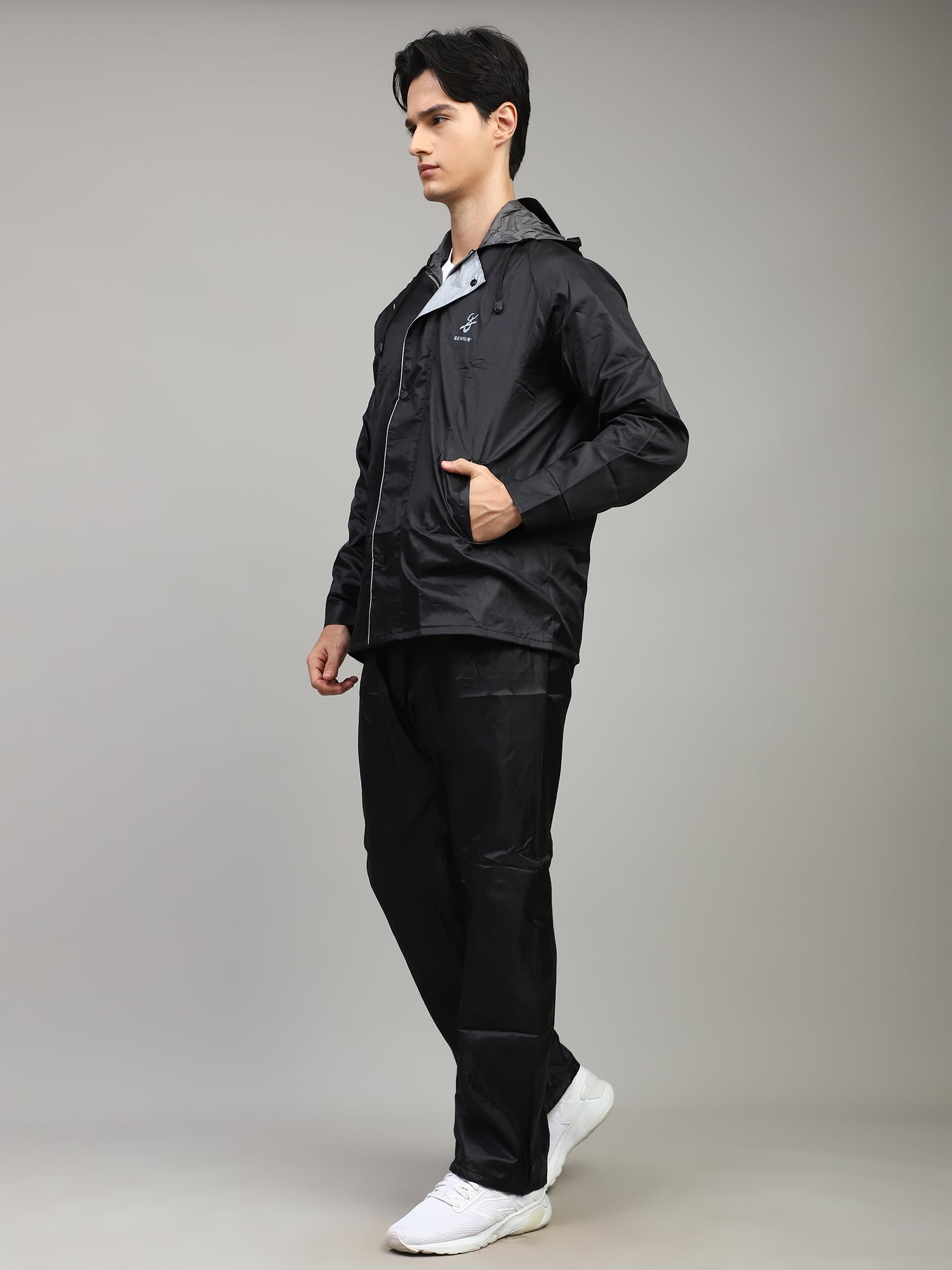 Shasmi Black Rain Coat for Men Waterproof Raincoat with Pants Polyester Double Layer Rain Coat For Men Bike Rain Suit Rain Jacket Suit Inner Mobile Pocket with Storage Bag (Rainy 174 Black-L) - Image 2 thumbnail
