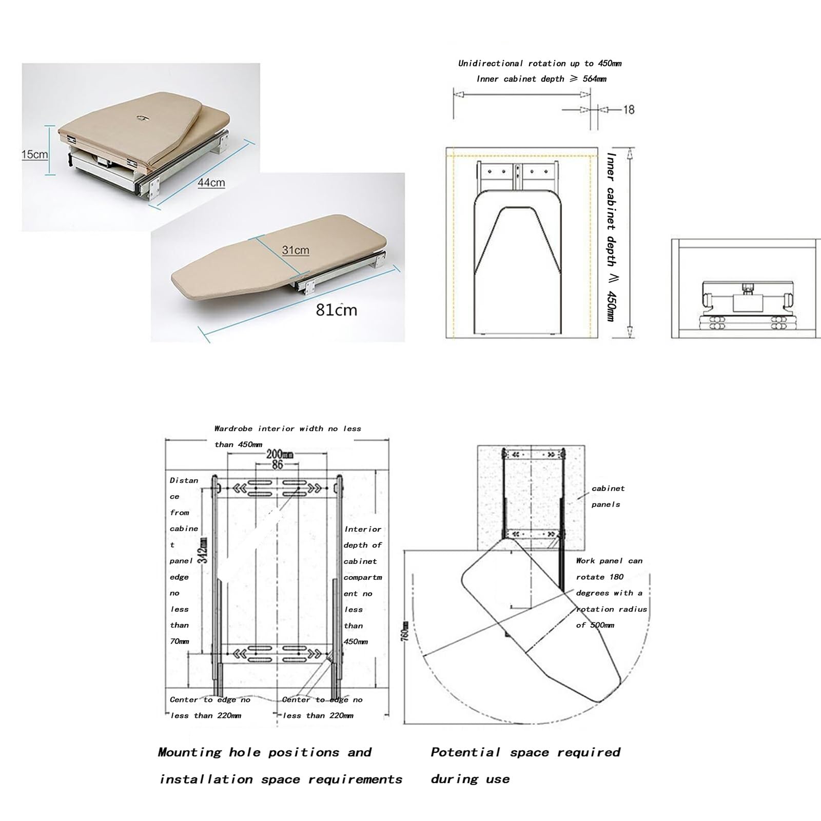 Asse da stiro allungabile e girevole con copertura resistente al calore, perfetta per armadi, design salvaspazio, colore grigio scuro, ideale per uso domestico e appartamento.