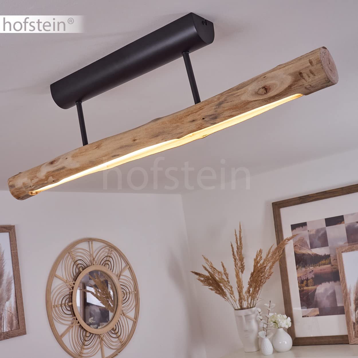 Plafoniera Winterthur LED, plafoniera dimmerabile in metallo e asta di legno in nero/natura, 1 luce, 15 watt, 1062 lumen, colore della luce 3000 Kelvin (bianco caldo)