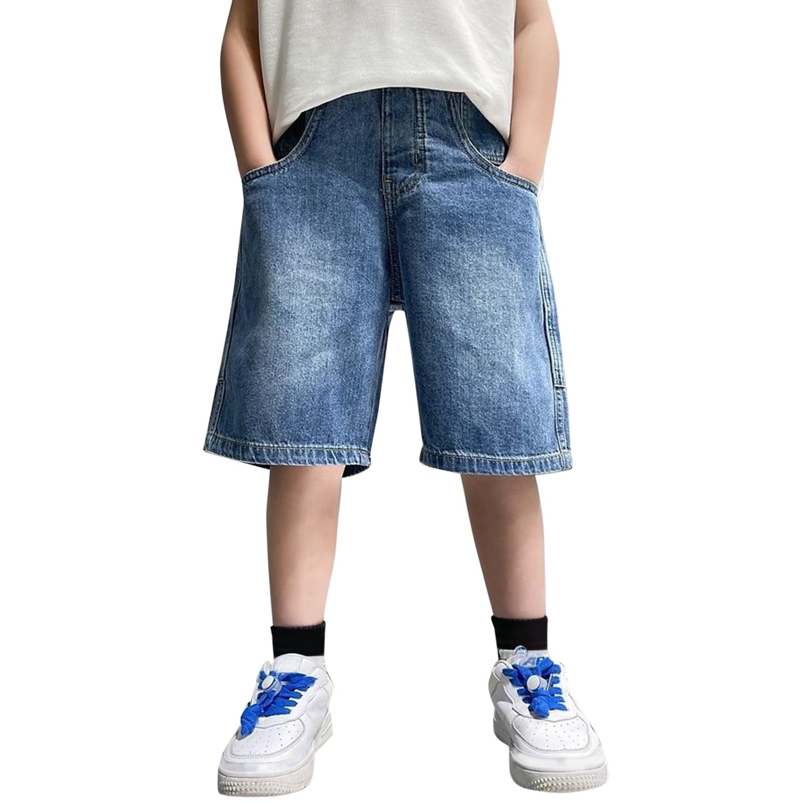Short baggy en jean pour garçons - Décontracté - Taille élastique - Cargo - Jambe large - Short d'été droit - Longueur genou - Pantalon streetwear pour adolescents