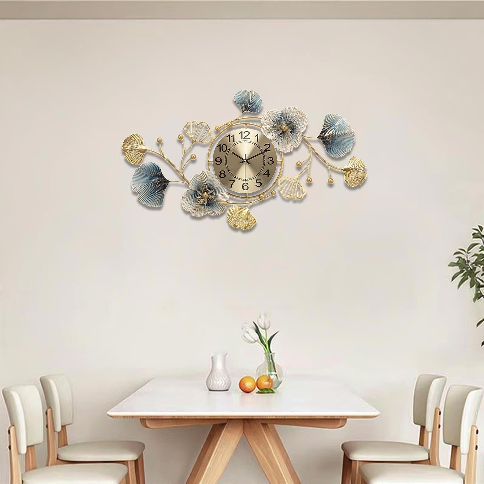 Horloge Murale Or Grande Métal Ginkgo Biloba 83x48cm - Silencieuse Design Nordic Moderne