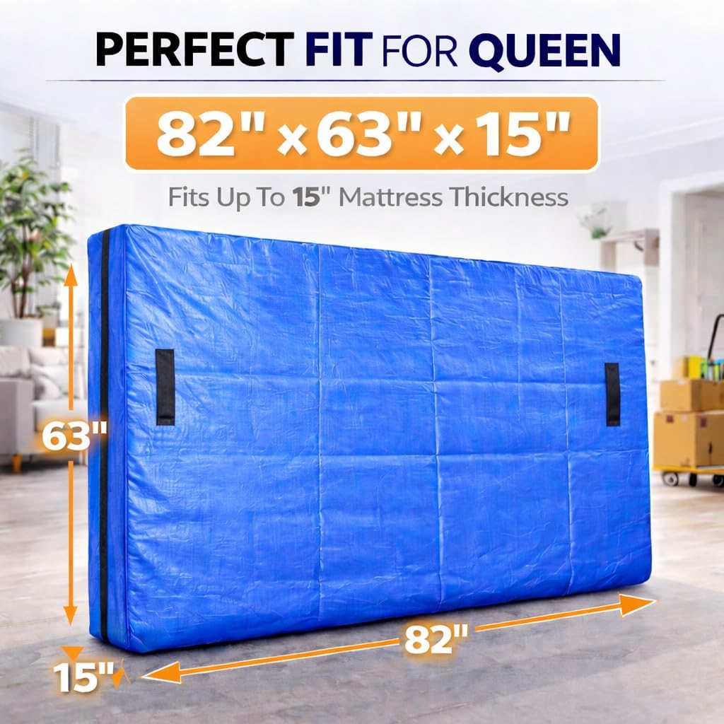 Heavy Duty PE Queen Mattress Bag for Moving & Storage with Zipper – 4 Reinforced Side Handles, Reusable Waterproof Mattress Protector Cover, Fits 82" x 63" x 15"