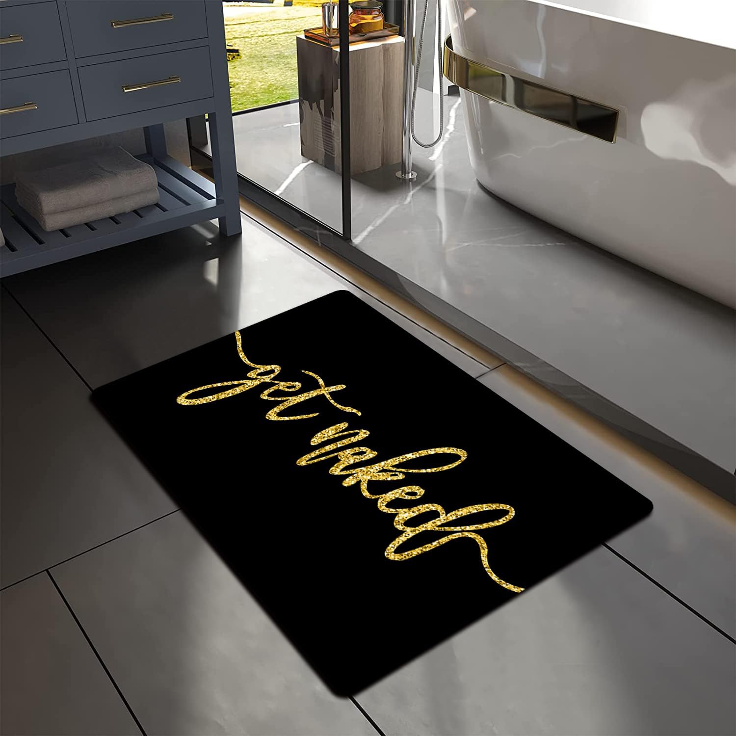 MUGINYU Get Naked Bath Mat,Gold Black Absorbent NonSlip
