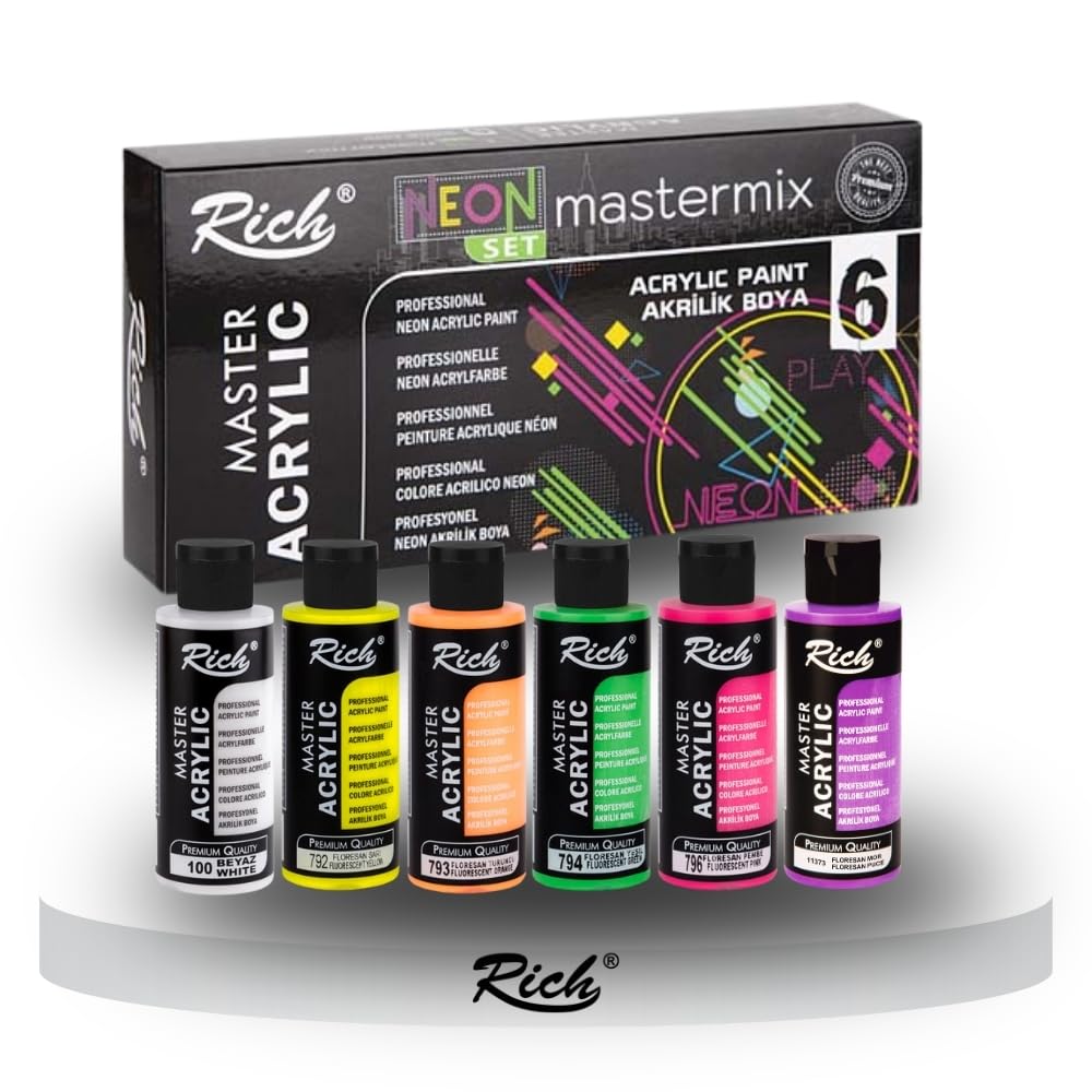 Rich MASTERMIX Premium Neon Acrylic Paint 60ml x 6 NON-TOXIC, Fast Drying, Water Based Formula