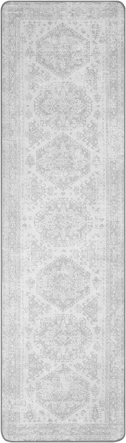 BEIMO Runner Rug 2X10 for Hallway Entryway, Machine Washable Area Rug for Indoor Laundry Bedroom, Distressed Vintage Grey Medallion Floral Print Thin Rug Low Pile Lightweight with Non Slip Backing