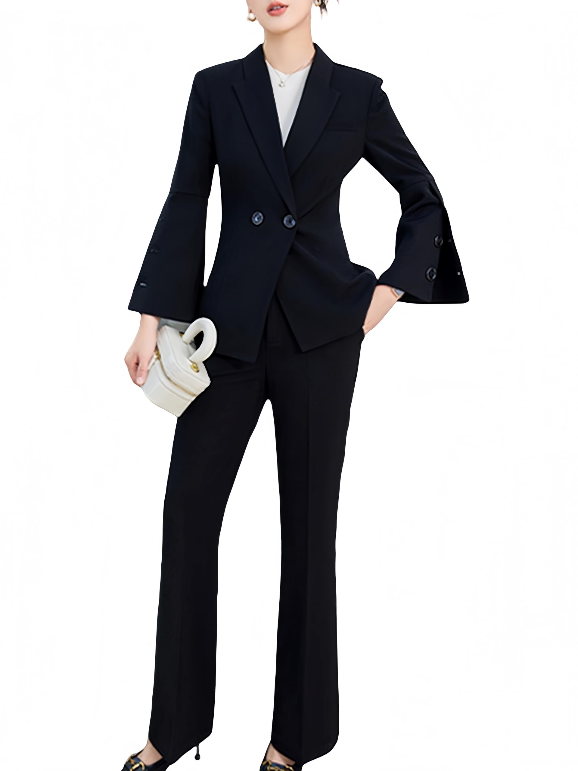 Pant Suits for Women Dressy 2 Piece Blazer Sets Fall Button Blazer and Wide Leg Pants Jacket Formal