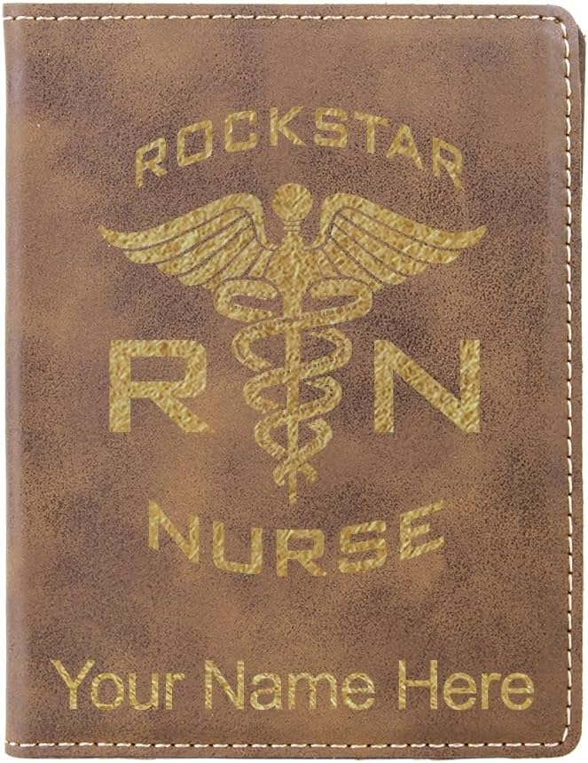 LaserGram Faux Leather Passport Holder, RN Rockstar Nurse, Personalized Engraving Included (Black with Silver)