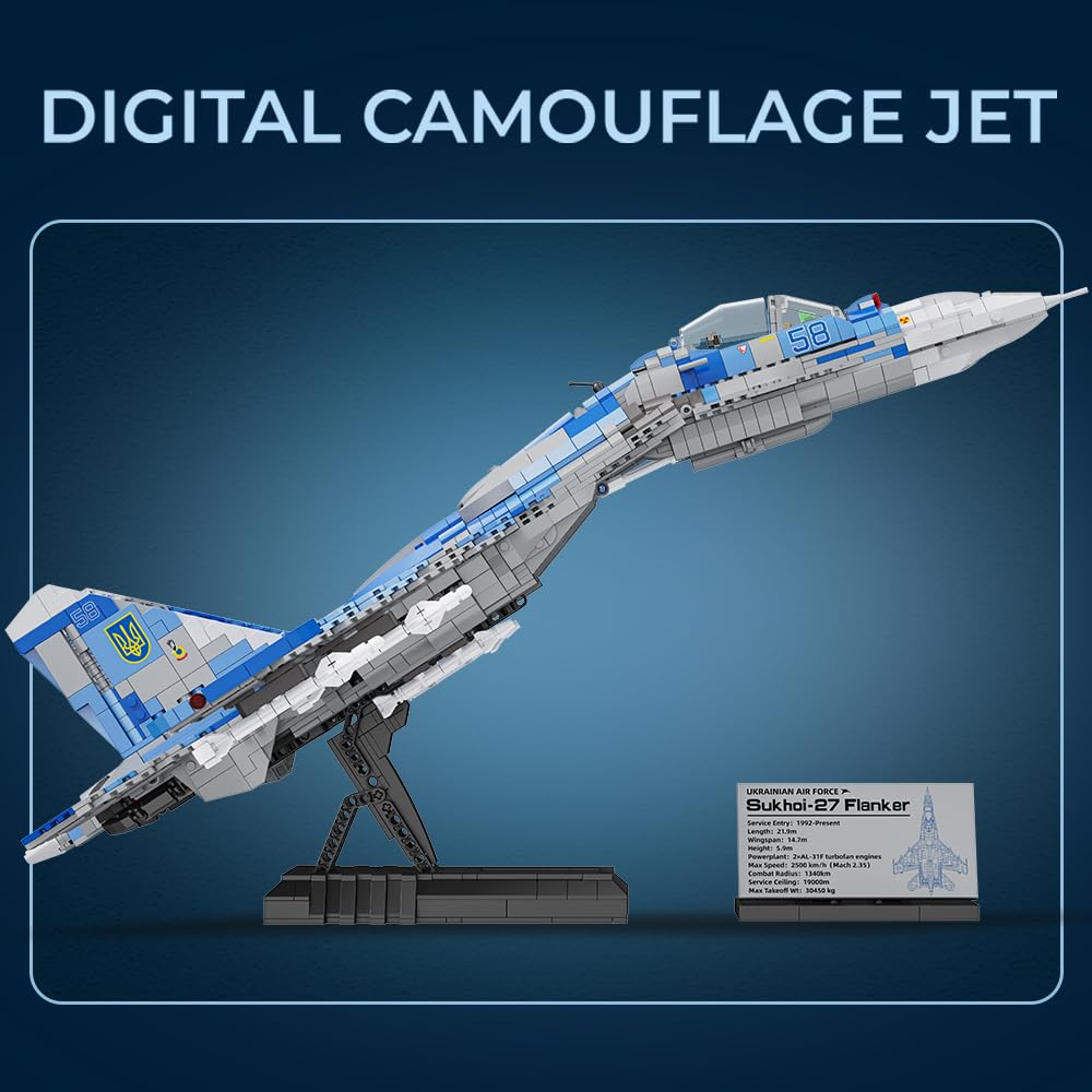 MISINI M8025 SU-27 Flanker Klemmbausteine Bausatz, MOC Militärflugzeug Modell mit Ständer und Namensschild, Kampfflugzeug Ausstellung Geschenk für Militärfans und Erwachsene Enthusiasten-2345 Stück