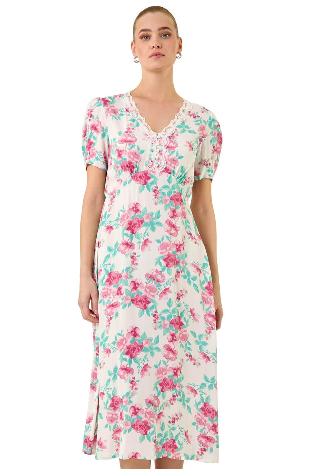 Roman Originals Women's Floral Ivory Tea Dress For Uk Skater Swing Fit & Flare Flattering Summer Knee Length Frill Hem Ruched Chest Casual Smart Cocktail Party Going Out - Size 14