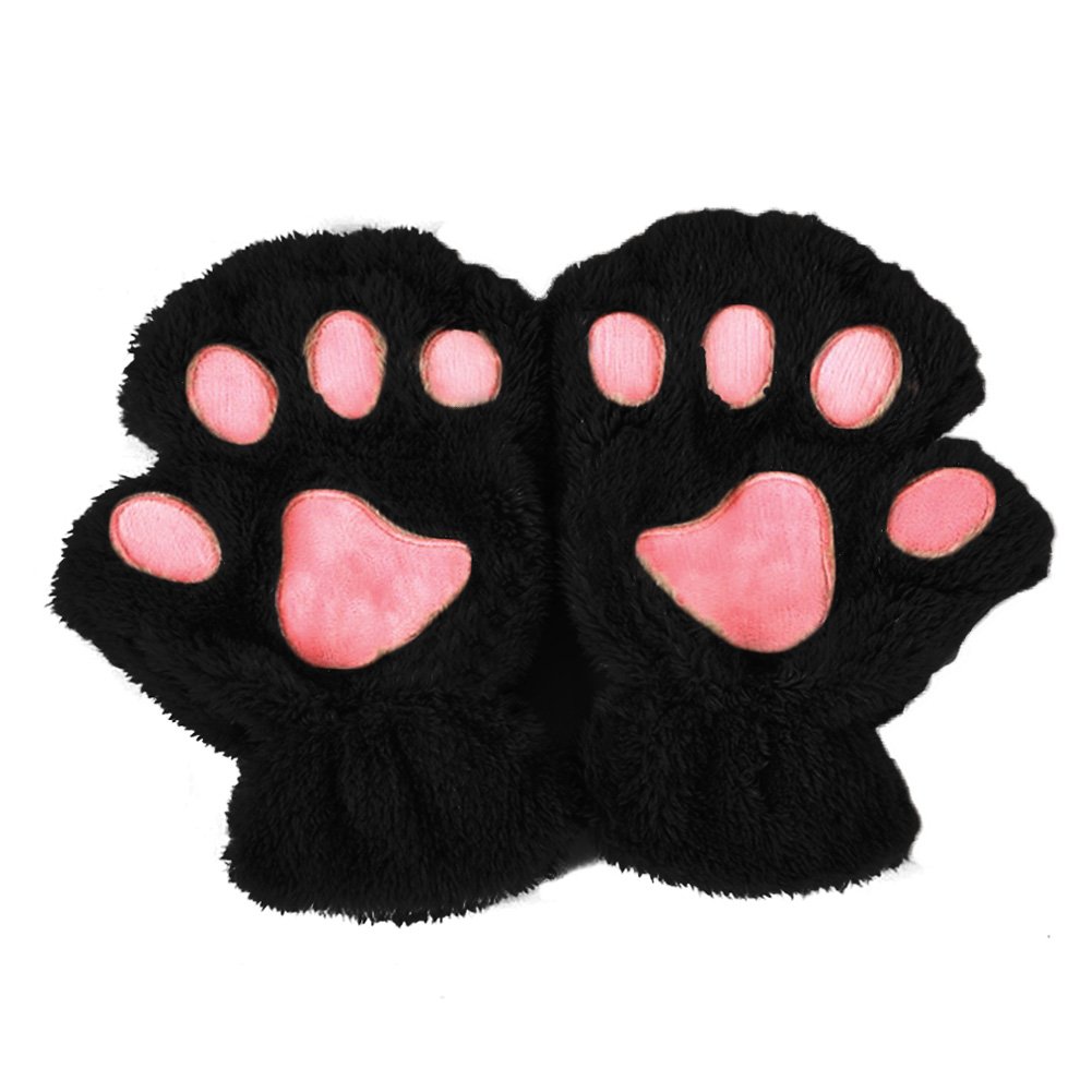 Jagenie Women's Black Winter Cute Cat Paw Claw Plush Mittens Short Fingerless Finger Half Gloves