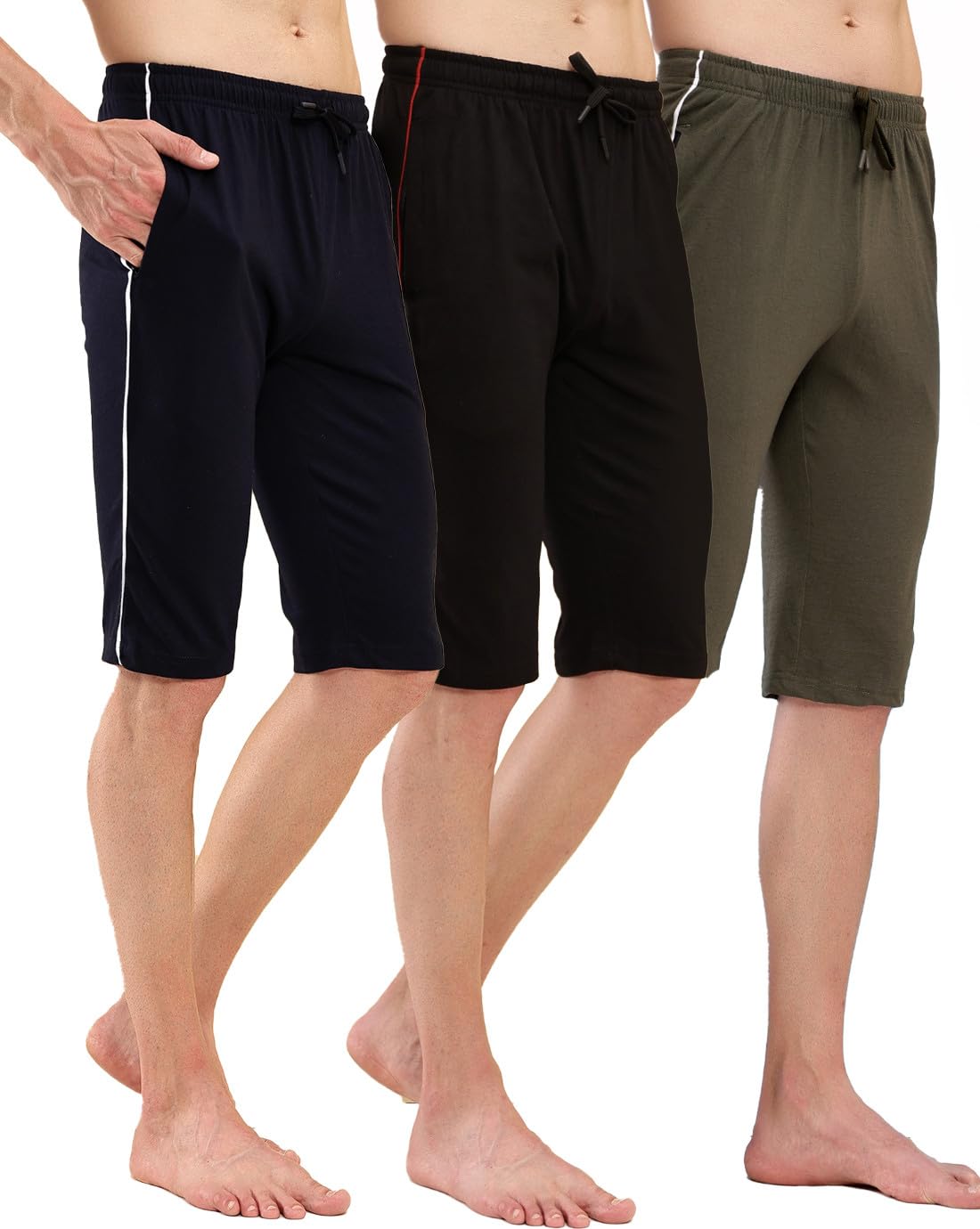 t t T.T. Poly Jersey Blend 3/4th Short for Men | Regular Fit | Capri with Side Piping | Elasticated | 2 Sided Pockets | Solid | Knee Length | Ideal for Casual Outings | Pack of 3-picture-33