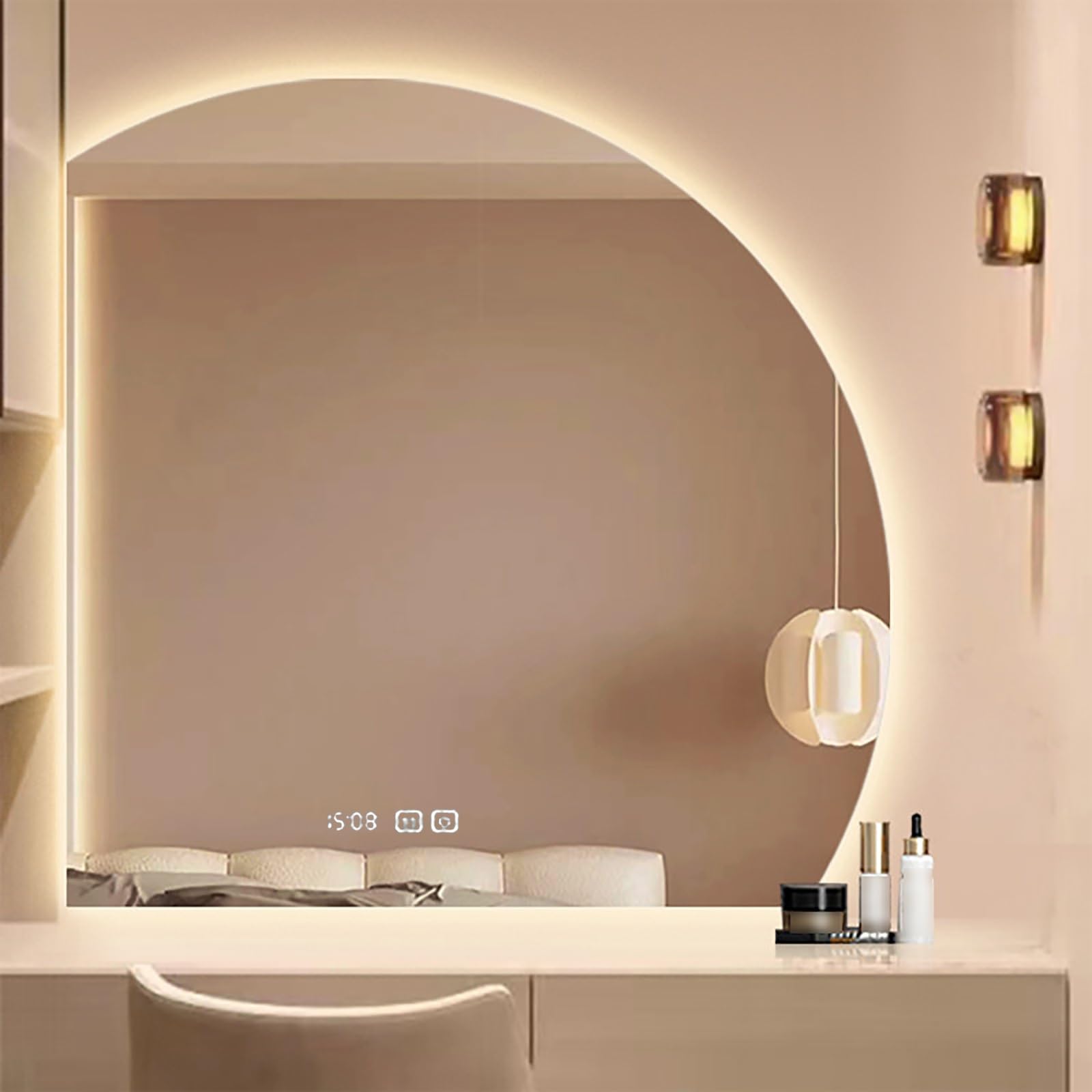 NZBZTUKUWP Left Cut Semicircle LED Bathroom Mirror,Irregular-Shaped Illuminated Mirror With Three Color Lighting, Stepless Dimming, And Time/Temperature Display(80cm)