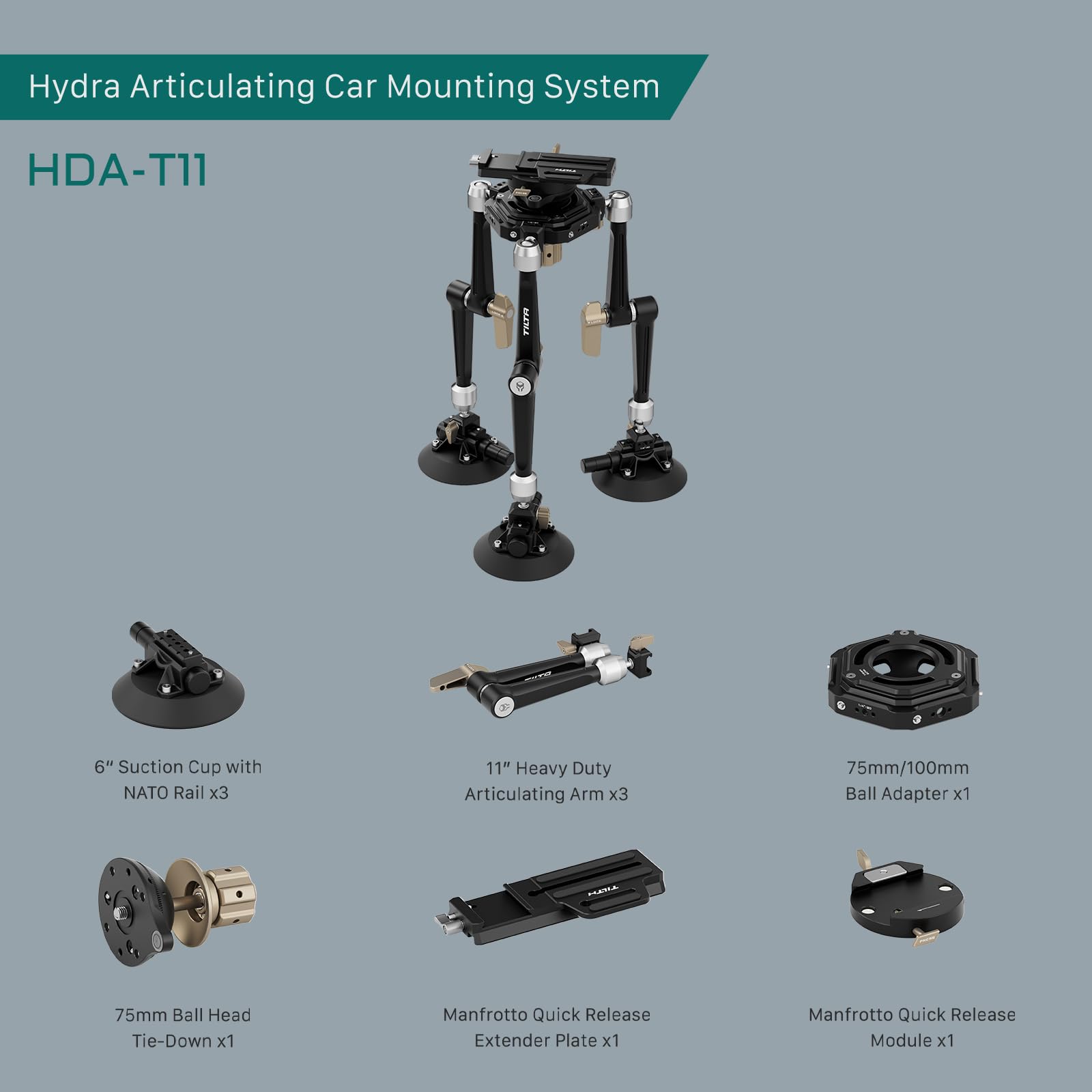 Tilta Sistema de montaje articulado Hydra para coche con ventosa de 6'' con raíl NATO, brazo articulado y placa extensora de liberación rápida Manfrotto, cargas útiles de hasta 44 lbs HDA-T11