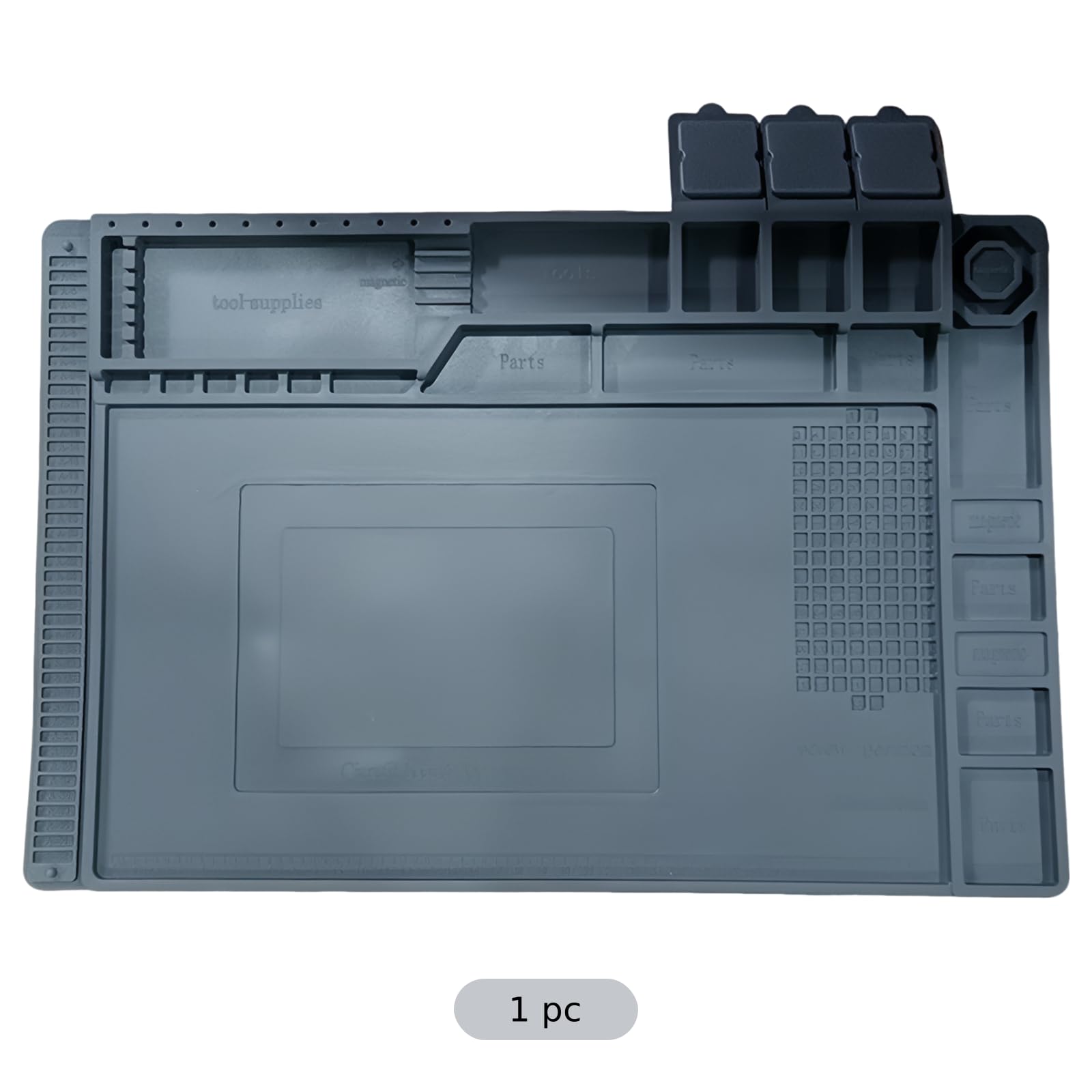 Graue Silikon-Lötmatte, 45 x 30 cm, hitzebeständig, verdickte Arbeitsunterlage mit Arbeitsbereich, IC-Position und Mehrfach-Fächerdesign für Reparatur von Telefonen und Computern
