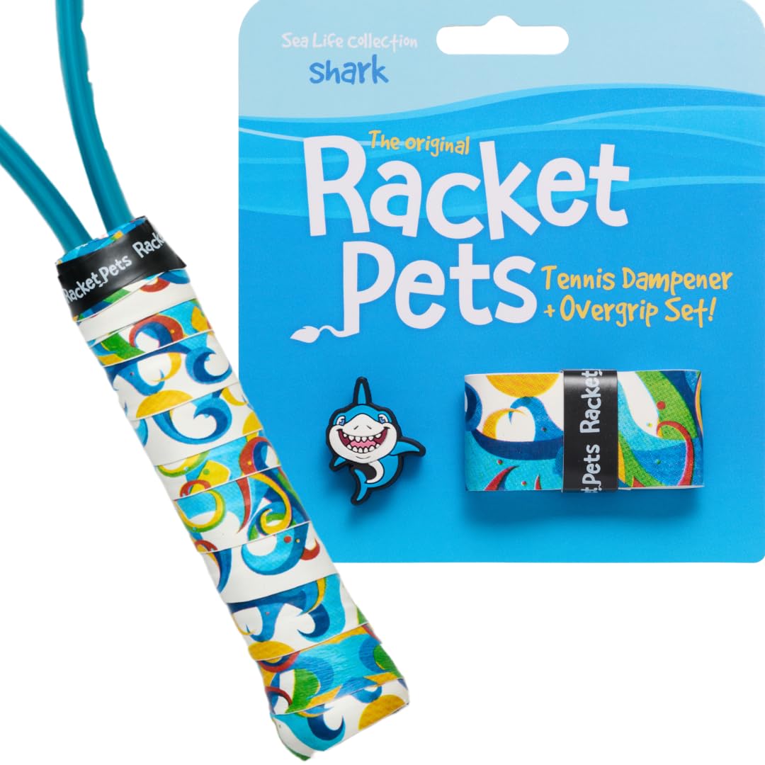 Tennis Overgrip Tape and Matching Shock Absorbing Dampener for Tennis Racket (Shark)