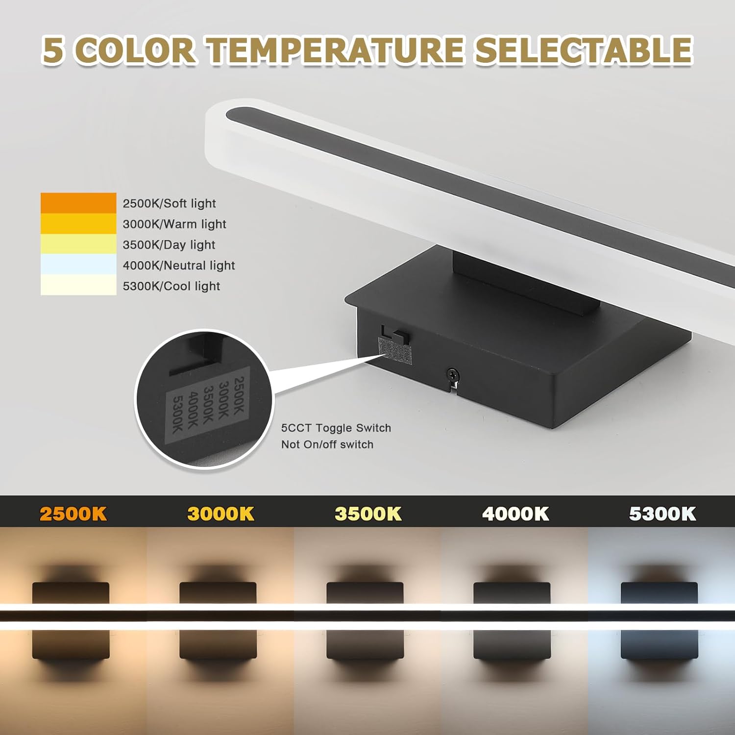 Joosenhouse Modern LED Bathroom Vanity Light Fixtures, 5CCT Dimmable Bathroom Light Bar, Hardwired Vanity Light, 15.7-Inch 16W Black Makeup Mirror Lights