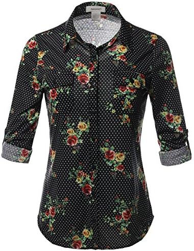 Awesome21 Women's Casual Floral Print Roll Up Sleeves Button Down Shirt Top