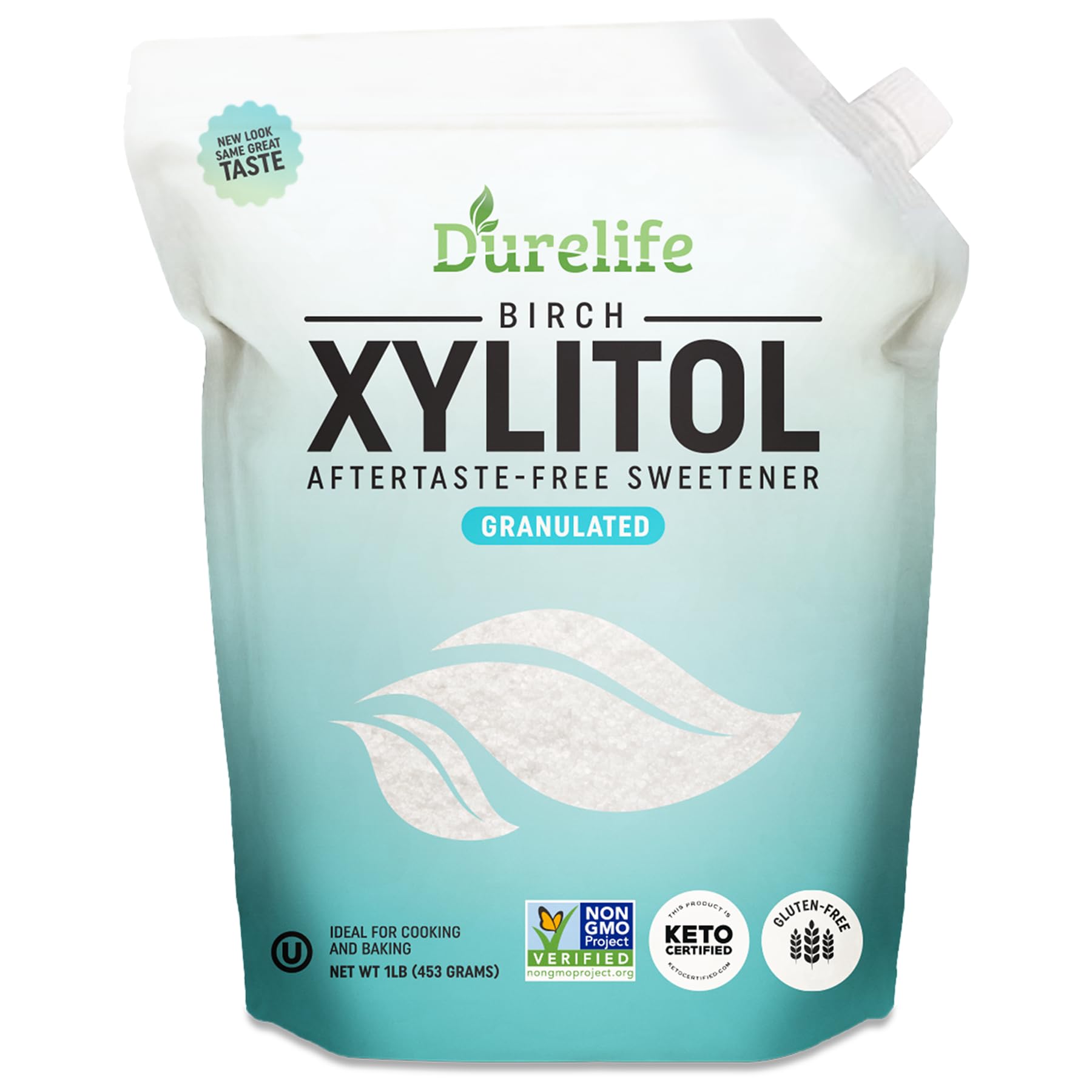 DureLife Birch XYLITOL Sugar Substitute 1 LB (16 OZ) Made From 100% Pure Birch Xylitol In The USA, NON GMO - Gluten Free - Kosher, Packaged In A Resealable zipper lock Stand Up Pouch Bag