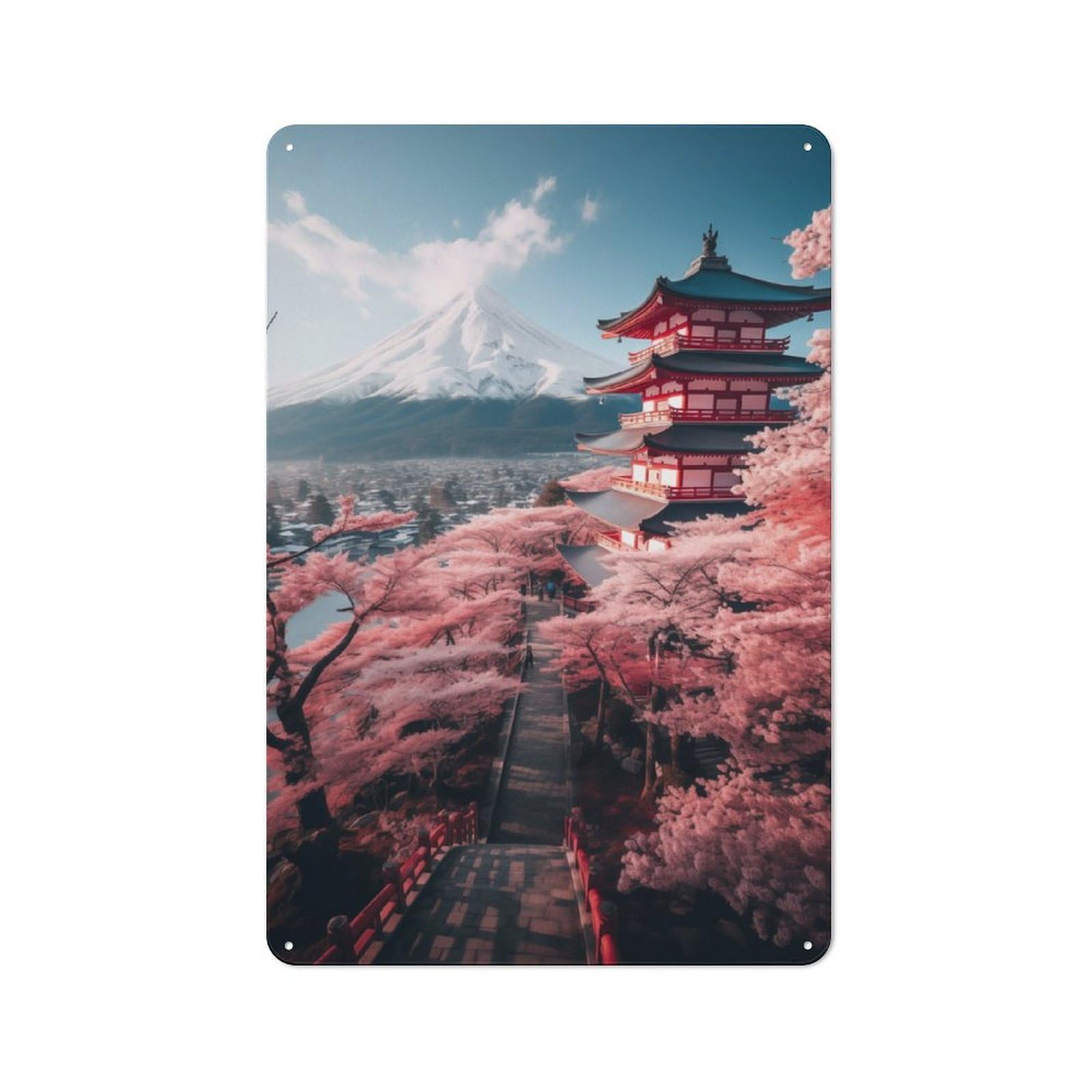 Junmoney Japans Sakura And Temple Rustic Metal Sign 30X20cm Featuring For Hallway Wall, For Collectors Decorating Hallways And Entrance Areas