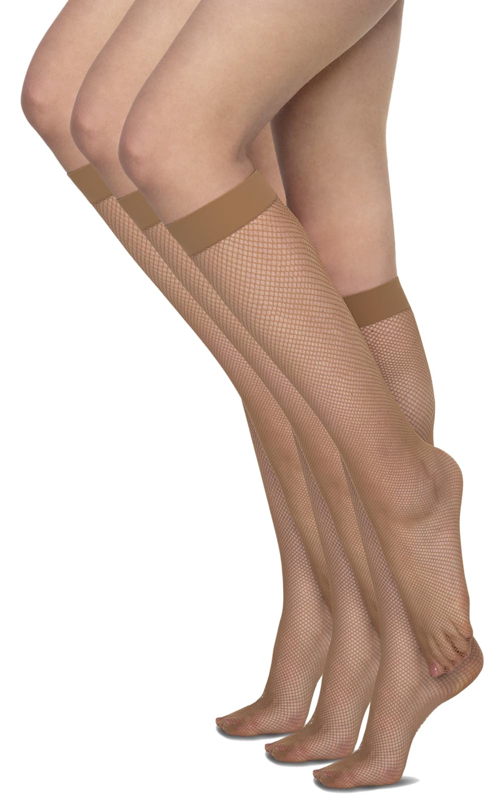 Annes styling Womens Netted Knee-High Socks Fishnet Style Basic Stocking Under Knee Tighs, Rete Visone, 3-Pack