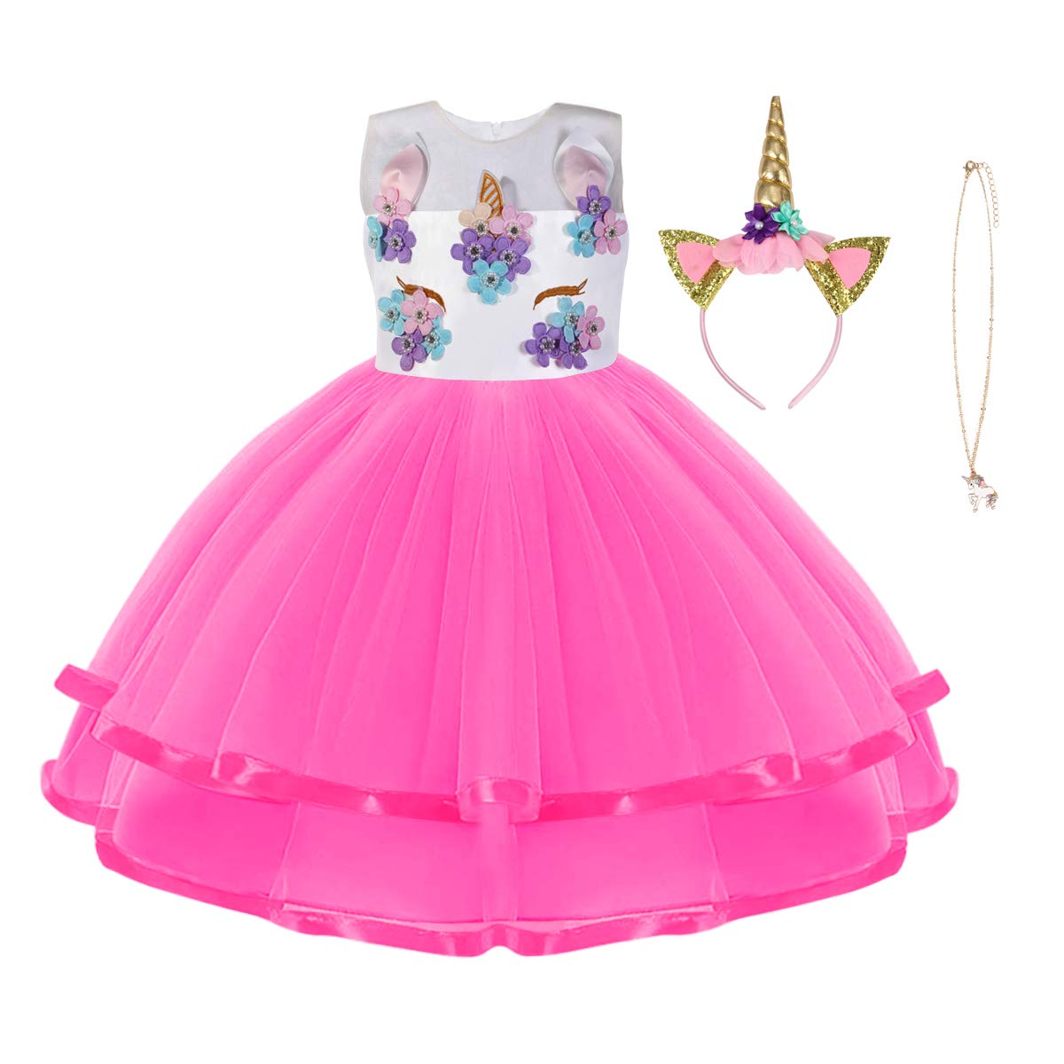 URAQT Vestito da principessa, da bambina, per cosplay, carnevale, feste, matrimoni, principessa, con collana e fascia