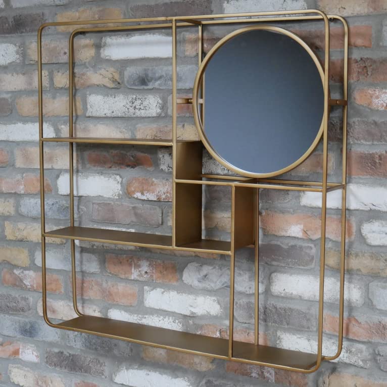 Ablerhome Decor Antique Gold Wall Mirror Cube Shelving Metal Rectangular Rustic Frame Glass Vintage Style Hanging (Mirror Cabinet #1)