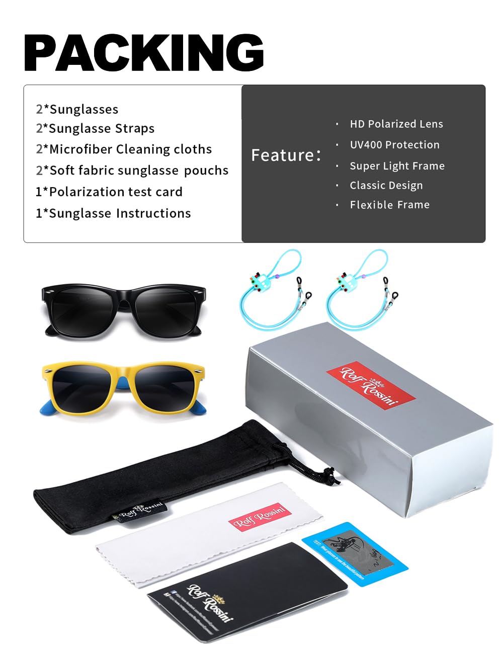 ROCF ROSSINI Unisex-Child Round Flexible Sunglasses Polarized Toddler Sun Glasses Shades UV400 Protection Eyewear for Age 2-8 (Black+Yellow/Blue), 2-8 Years - Image 7 thumbnail