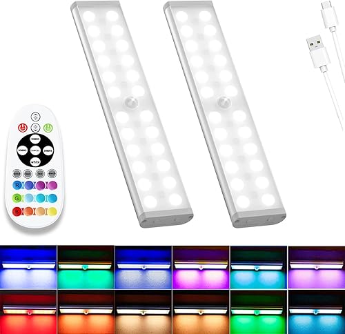 Luces inalámbricas para debajo del gabinete, 58 LED recargables RGB con sensor de movimiento, luces nocturnas para interiores con control remoto,