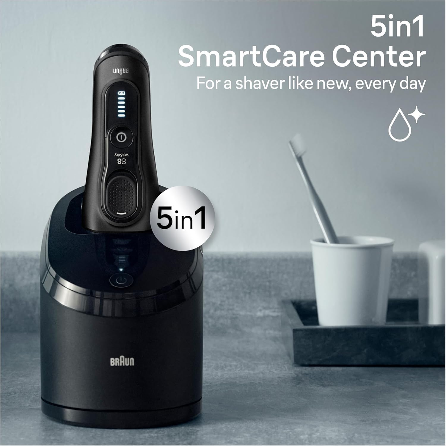 Braun Series 8 8560cc Electric Razor placed in the 5-in-1 SmartCare Center