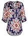 TrendiMax Women Cuffed 3/4 Sleeve Navy Gypsy Floral Print Slight V Neck Blouse Tunic Tops
