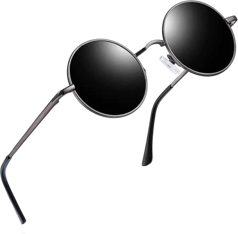 Óculos de Sol Redondo Masculinos Femininos Polarizado, Pequeno Círculo Hippie Vintage Retrô Steampunk Metal Óculos de Sol (Arma Preto)