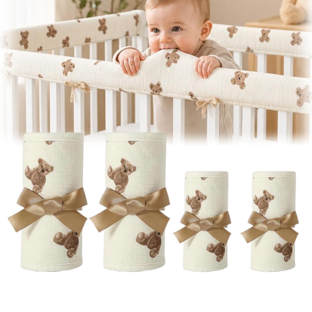 4PCS Crib Rail Cover for Teething,Furniture Edge Protector for Nursery Bed,Tollder Proofing Edge Protector,Corner Bed Rail Bumpers for Furniture,Teething Pad Set for Front and Back Rails