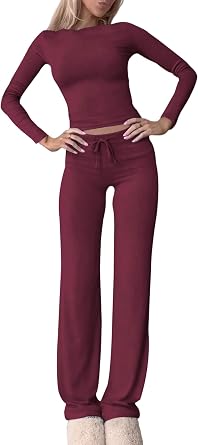 Womens Two Piece Lounge Set Long Sleeve Crop Tops Drawstring Waist Flare Leggings PJ Matching Set Yoga Outfits