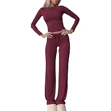 GFU Pajama Sets for Women 2 Piece Lounge Sets Long Sleeve Slim Fit Top and Wide Leg Pants Matching Set Casual Sweatsuits