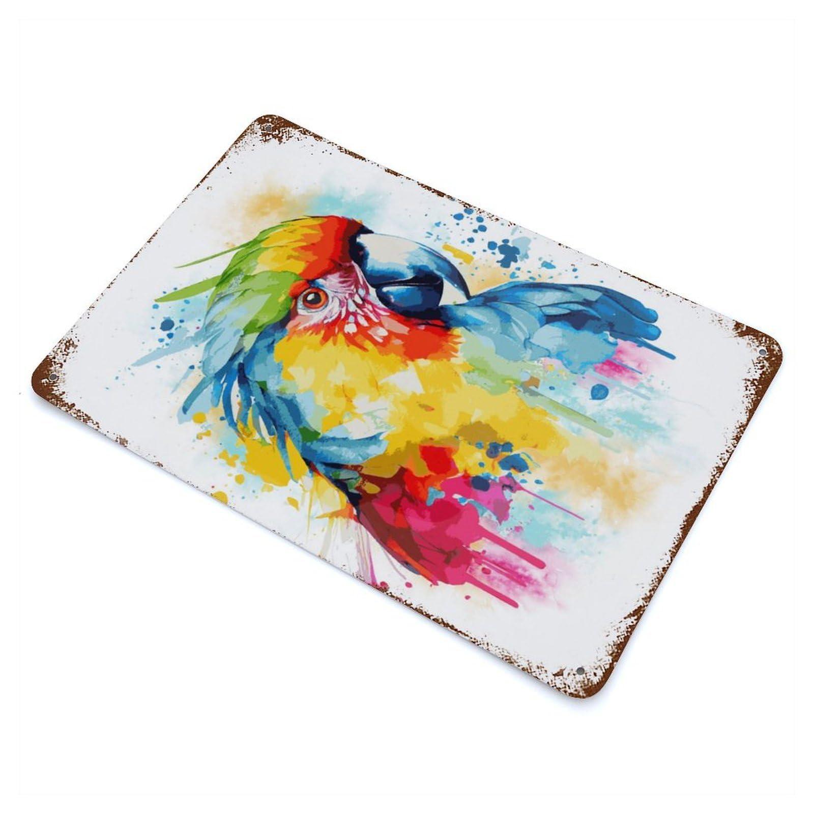 Watercolor Macaw Painting Vintage Wall Sign 11.8"x7.9", Rust Effect Metal Decor for Farmhouse, Kitchen And Entryway Decor