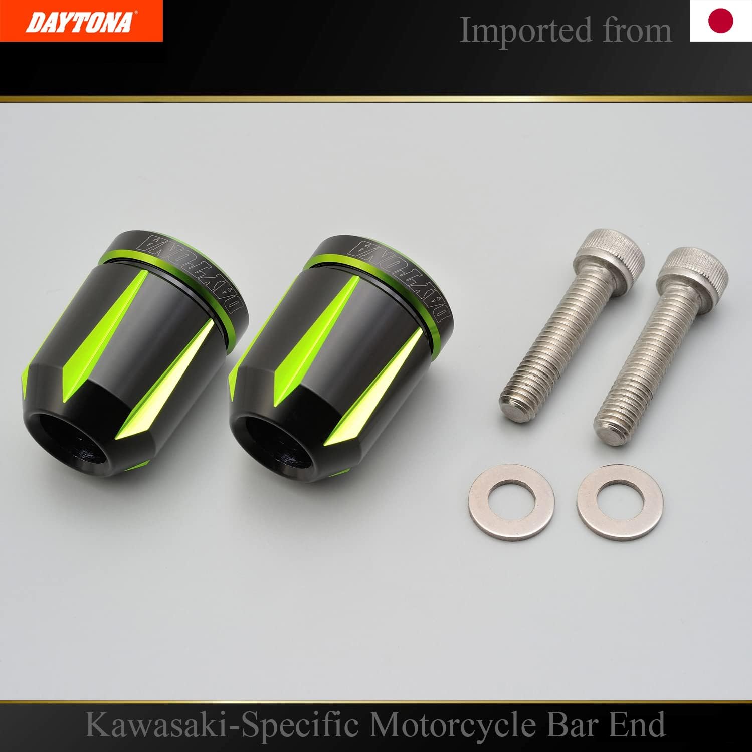 Motorcycle Bar Ends Compatible with KAWASAKI - Universal, Lime Green, Made in Japan, Durable Two-Tone Finish, Fits Inner Diamater 14 to 19 mm Handlebars - Enhance Style & Protection (93137)