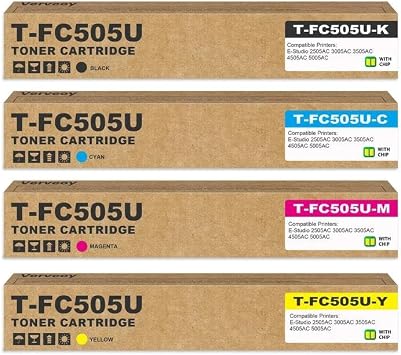 T-FC505U TFC505U Toner Cartridge Set 4-Pack Replacement for Toshiba T-FC505U T-FC505U-K T-FC505U-C T-FC505U-M T-FC505U-Y Toner for 2505AC 3005AC 3505AC 4505AC 5005AC Printer 4-Pack, BK/C/M/Y