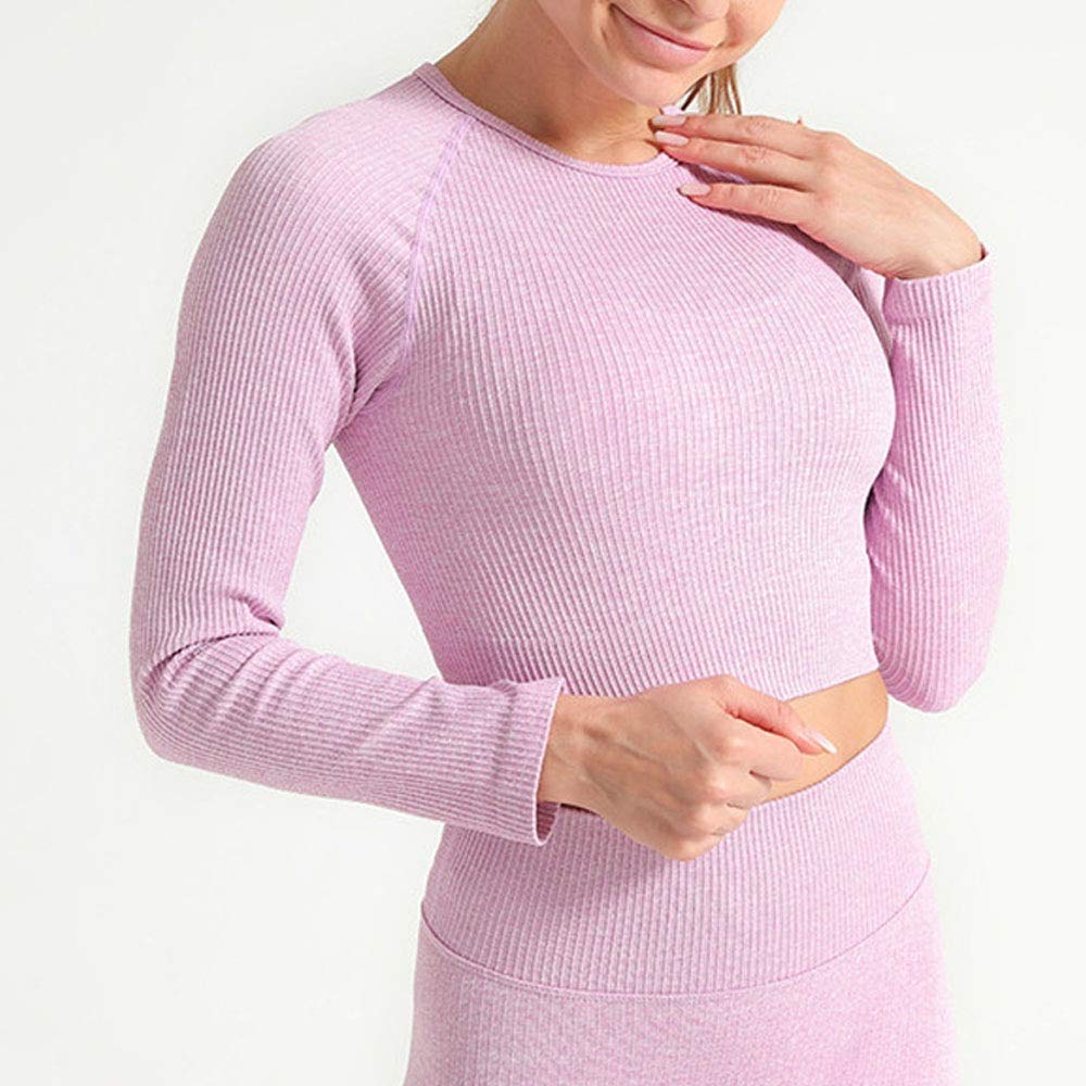 Damen Funktionsshirt für Jogging Gym Fitnessshirt, Frauen Seamless Langarm Rundhals Texture Yoga-T-Shirt Gymnastik-laufender Slim Fit Crop Tops Fitness Workout Laufen T Trainingsshirt Laufshirt für Fr