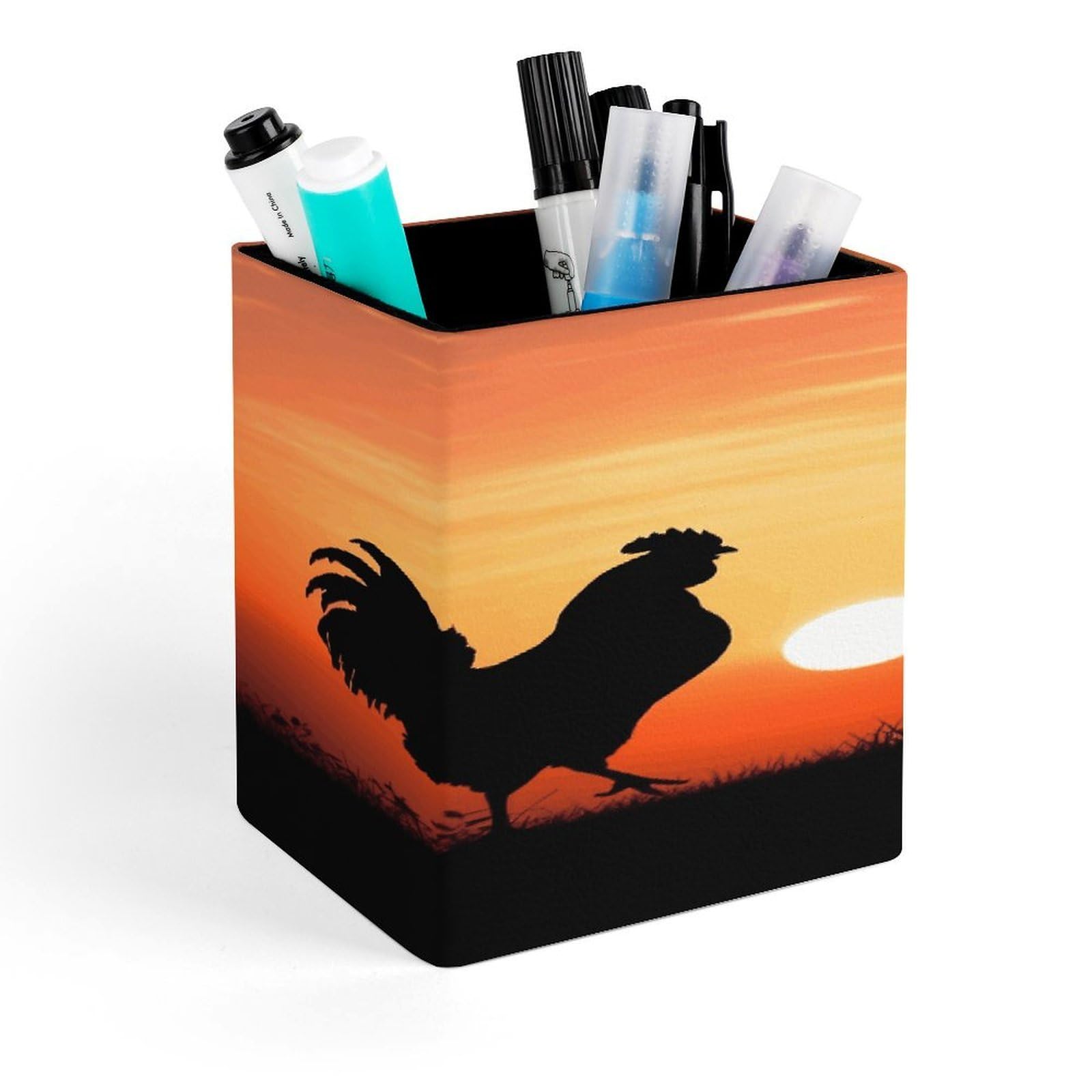 MUSM Animal Chickens Pen Holder Square PU Leather Desktop Organizer And Makeup Brush Holder Storage Box Modern Design Stationery Organizer for Office Desk Accessory