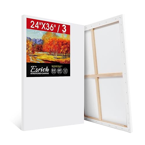 ESRICH Stretched Canvas for Painting 24x36 Inch, 3Pack Large Canvas for Painting, Primed Acid-Free Cotton Blank Canvases, Art Paint Canvases for Oil Paint,Watercolor,Acrylic Paint,Gouache and Tempera. - 3 Packs-1Sizes( 24*36in)