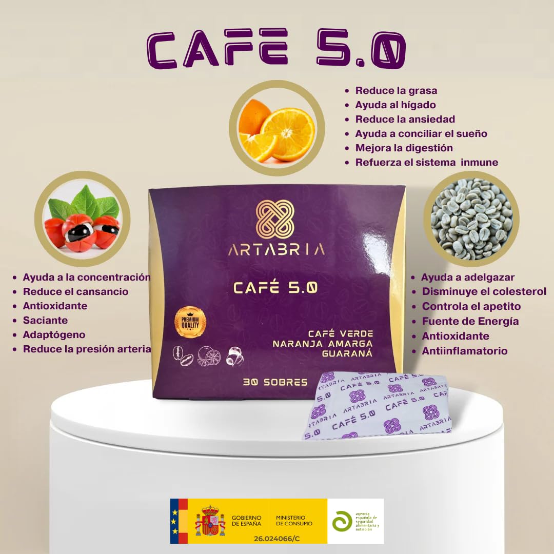 Café Funcional 5.0 | Nutracéuticos | 30 Sobres Individuales | Estimulan el Metabolismo Aumentando el Gasto Energético Cafe ARTABRIA Con Café Verde (ácido clorogénico ACG), Naranja Amarga y Guaraná