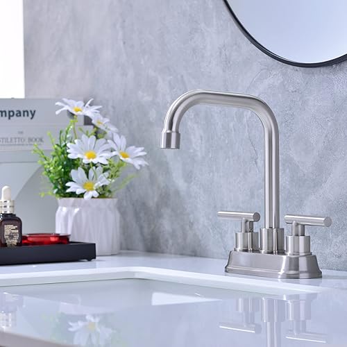 Miniatura 4 de Zexzen Grifo de lavabo de baño de 2 manijas de níquel cepillado, grifo de lavabo de baño central de 4 pulgadas, grifo de baño de 3 agujeros con dos