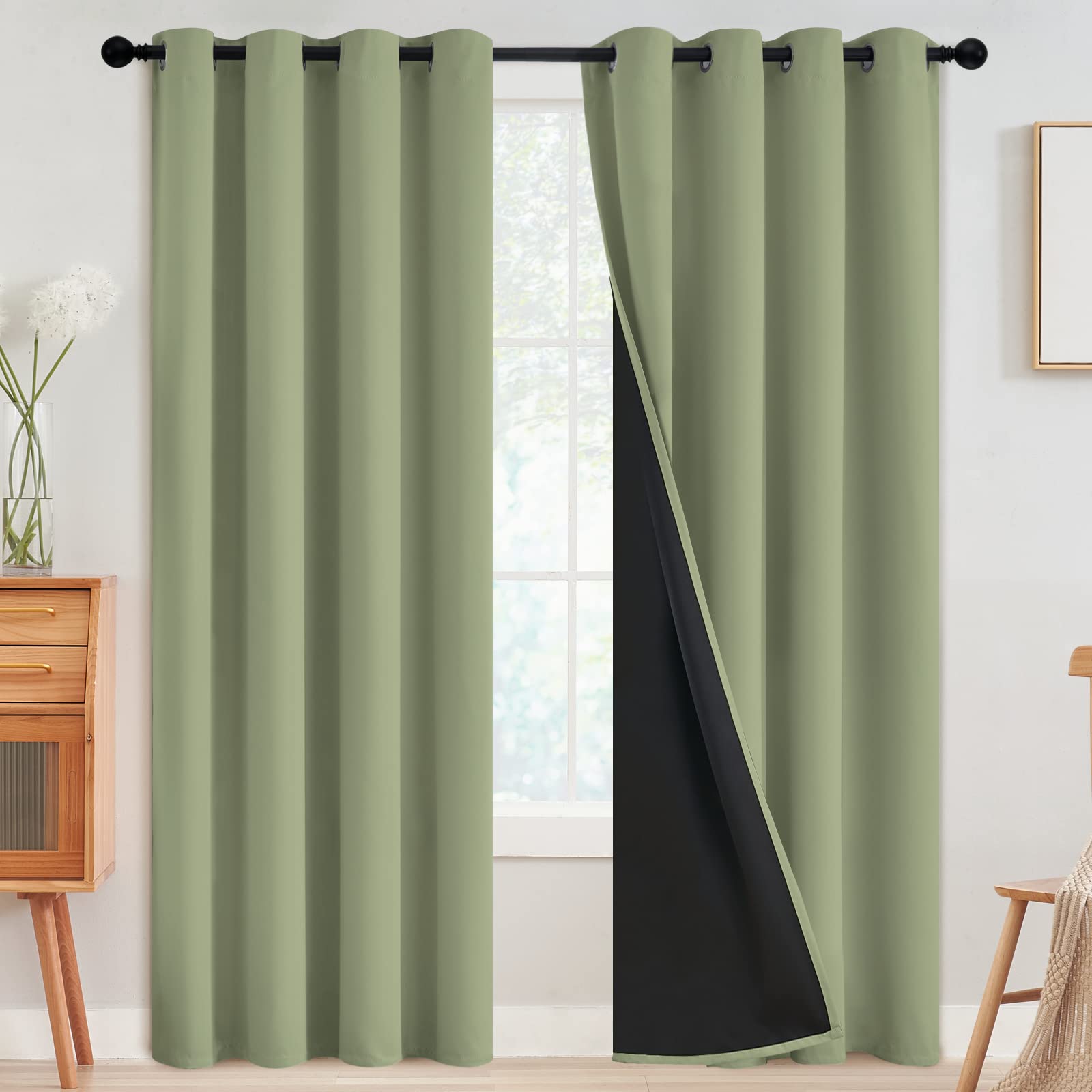 SimpleHome 100% Blackout Curtains for Bedroom,Thermal Insulated Grommet Window Drapes Room Darkening Sage Curtains for Living Room with Black Back,52 x 84 Inch,2 Panels