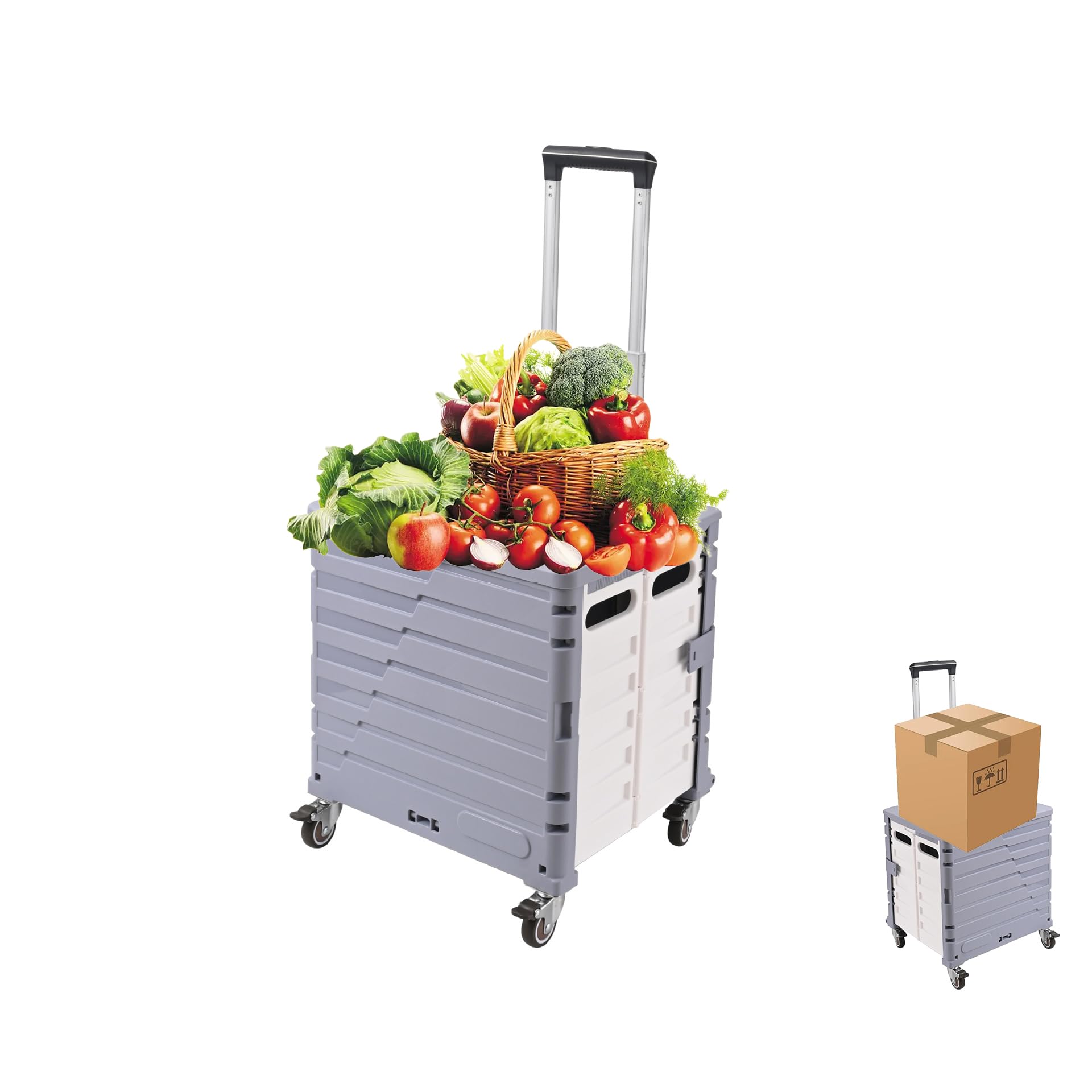 SUNRISEFolding Utility Cart Portable Handcart Shopping Trolley Collapsible Tool Box, with Lid, Basket on 4 Rotate Wheels, forShopping, Office, Storage, Camping, picnic (Grey, Capacity 45L)