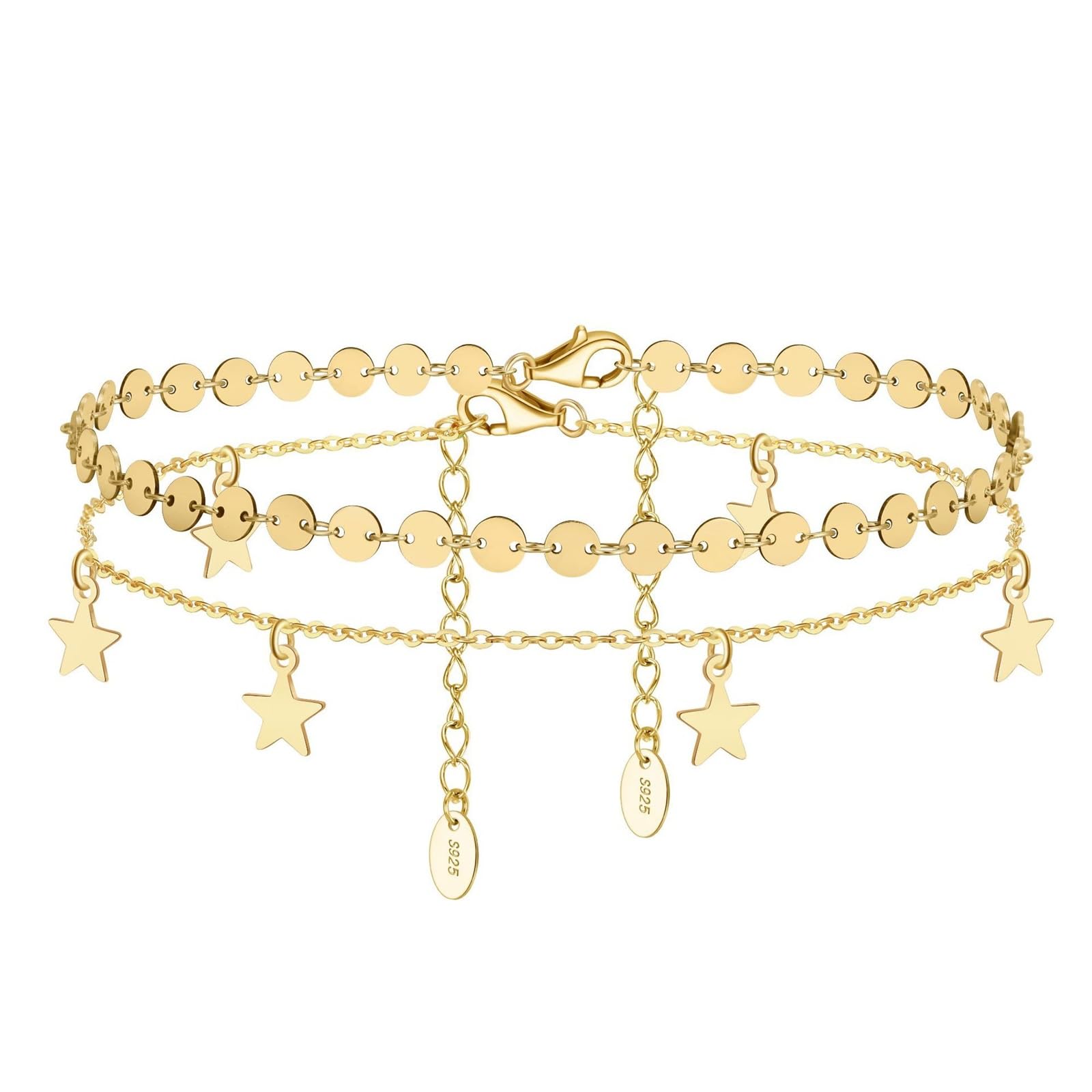 Cavigliera Donna Argento 925, Cavigliera Donna Estiva Paillettes A Doppio Strati con Stella Oro, Regolabile Fino a 26 cm - Bracciali alla Caviglia da Spiaggia Cavigliere per Donne